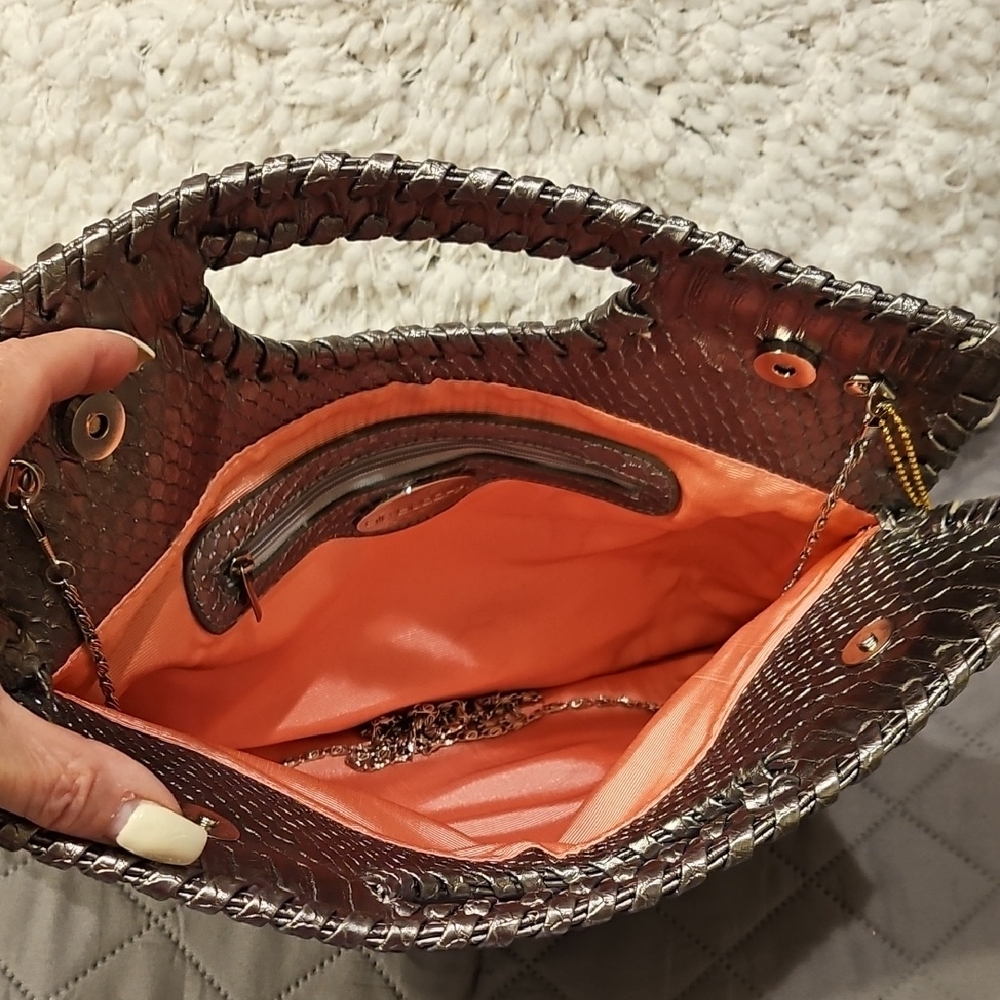 Big Buddha Snake Embosed Silver Metallic Clutch with Chain Detail - Picture 9 of 14